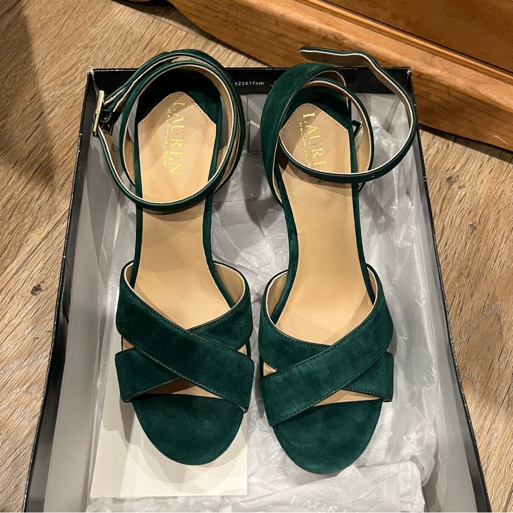 LAUREN BY RALPH LAUREN GREEN "SASHA" ANKLE STRAP PLATFORMS SIZE 10